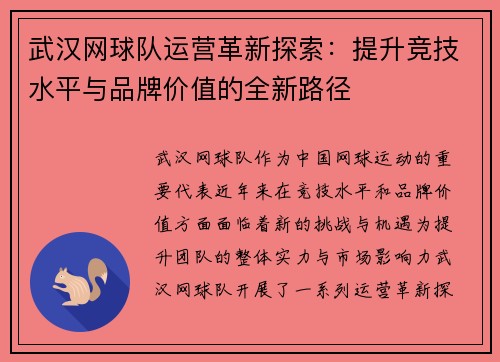 武汉网球队运营革新探索：提升竞技水平与品牌价值的全新路径
